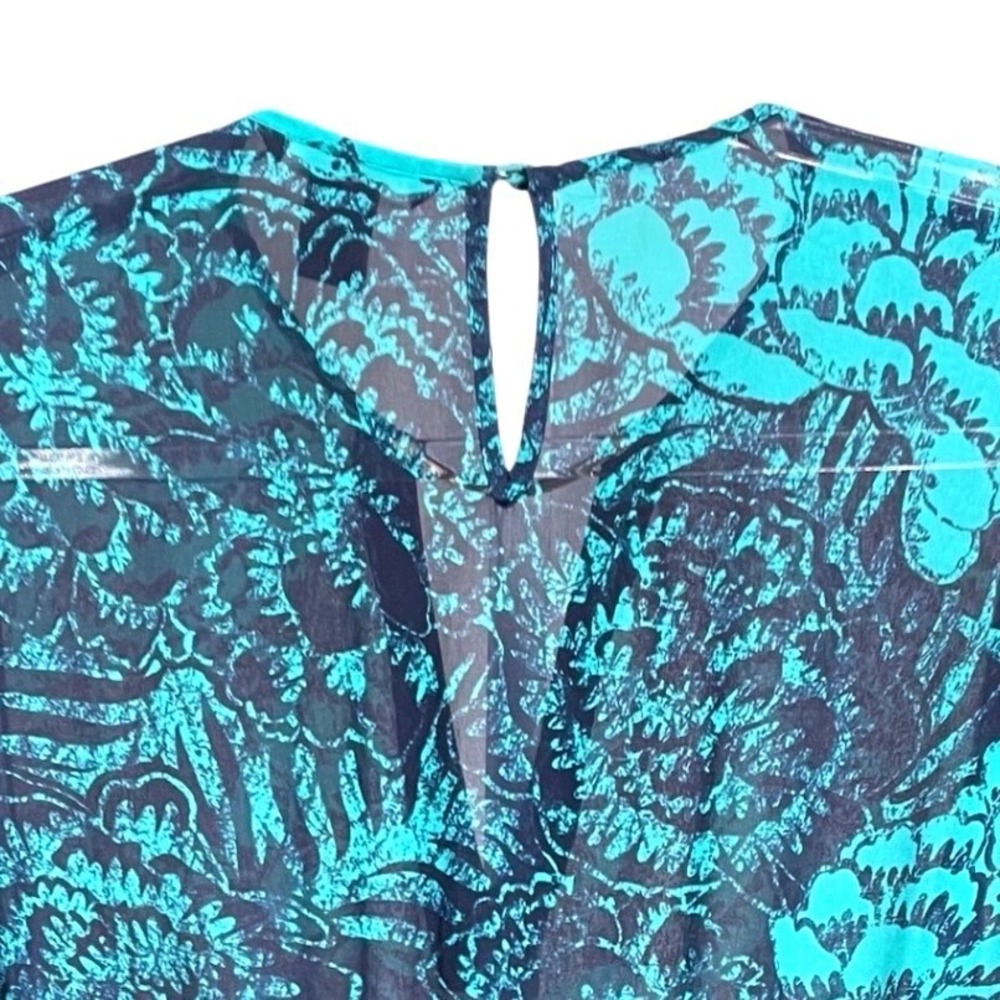 H&M Women Teal Navy Floral Chiffon Maxi Dress Size 6 Metal Bar VNeck Long Sleeve - Picture 7 of 9